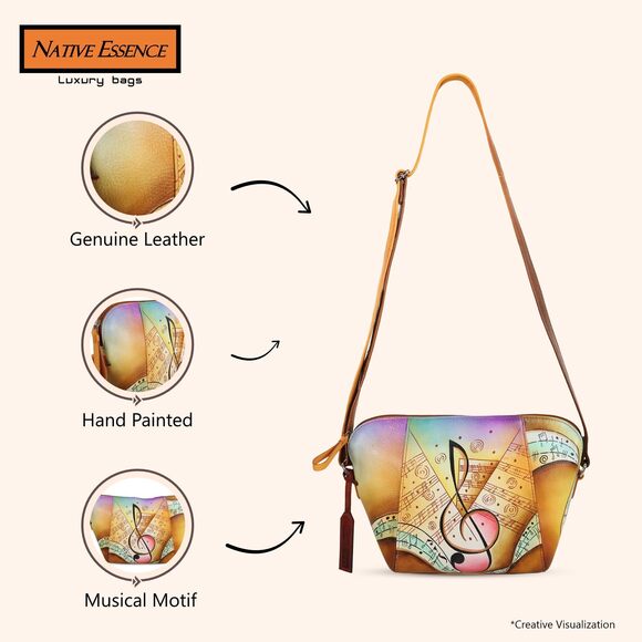 8718 Hand Painted Leather Sling Bag Unique Boho Top Zipper Shoulder